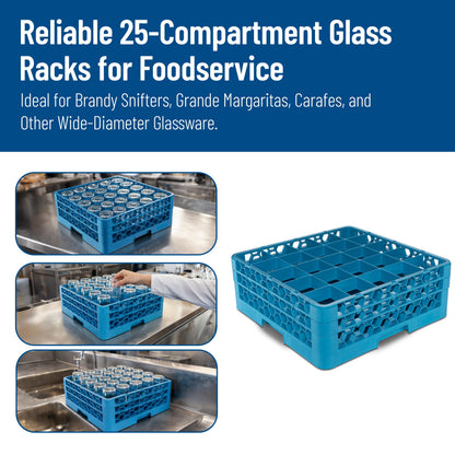 Carlisle FoodService Products OptiClean Plastic 25-Compartment Divided Glass Rack with Extender, Blue, (Pack of 3)
