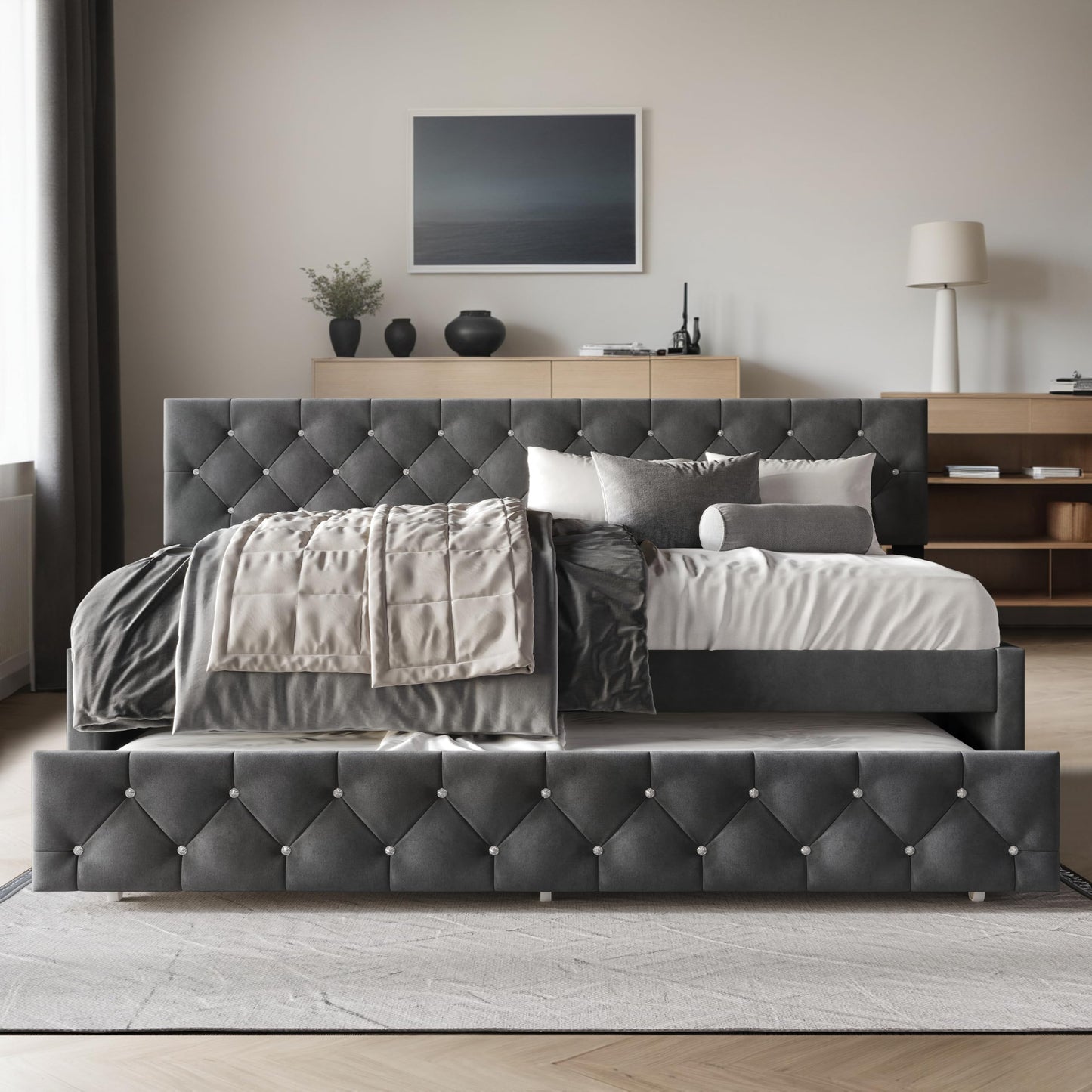 HOME DESIGN Darcey Velvet Upholstered Twin Daybed with Trundle, Tufted Guest Bed Frame, Modern Versatile Seating and Sleeping Solution – Dark Grey