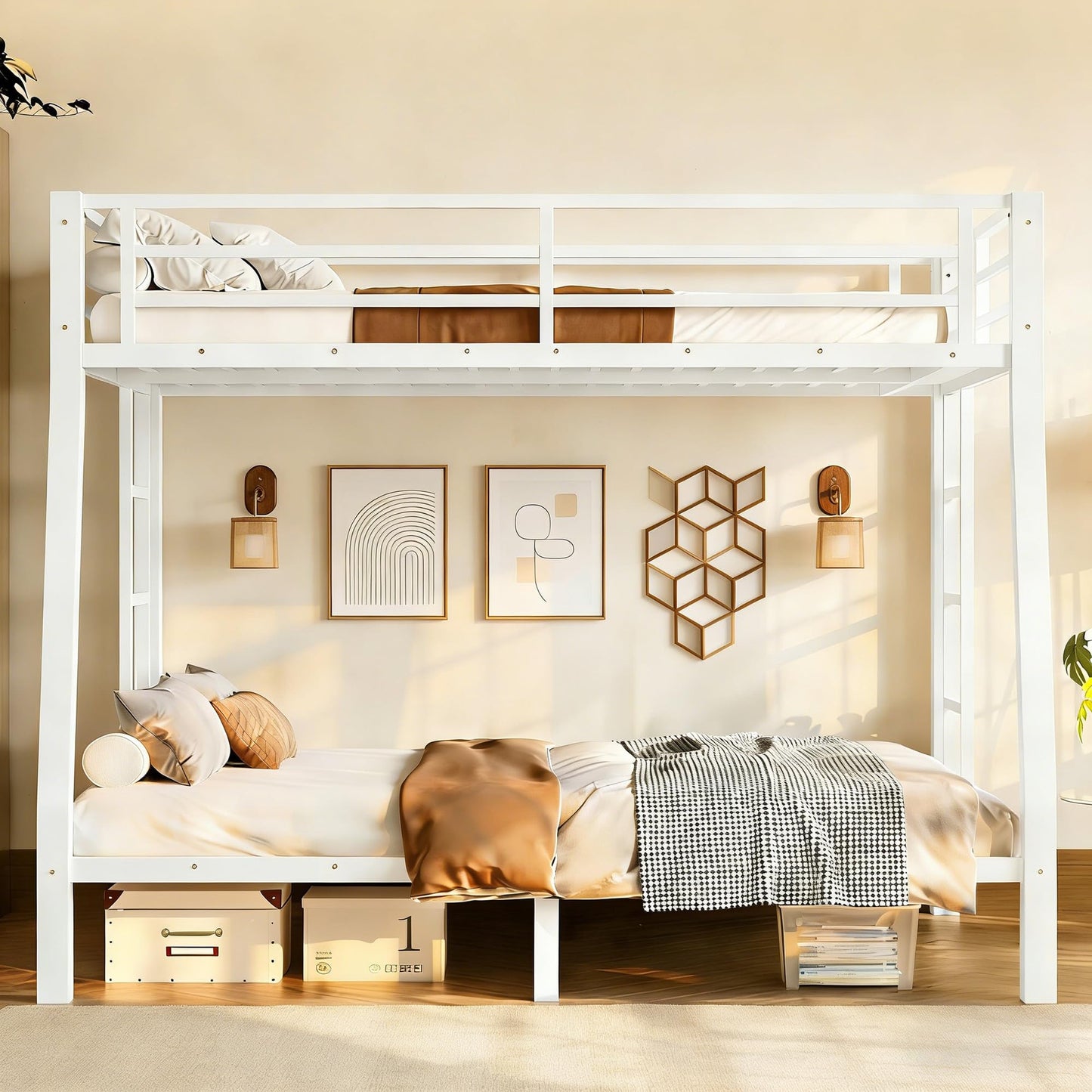 Full XL over Queen Metal Bunk Beds for Kids Teens Adults, Heavy-duty Metal Bunk Bed Frame with Guardrails, Ladders & Under-bed Storage for Bedroom Guest Room Dorms, Space-saving/Noise-reduce, White