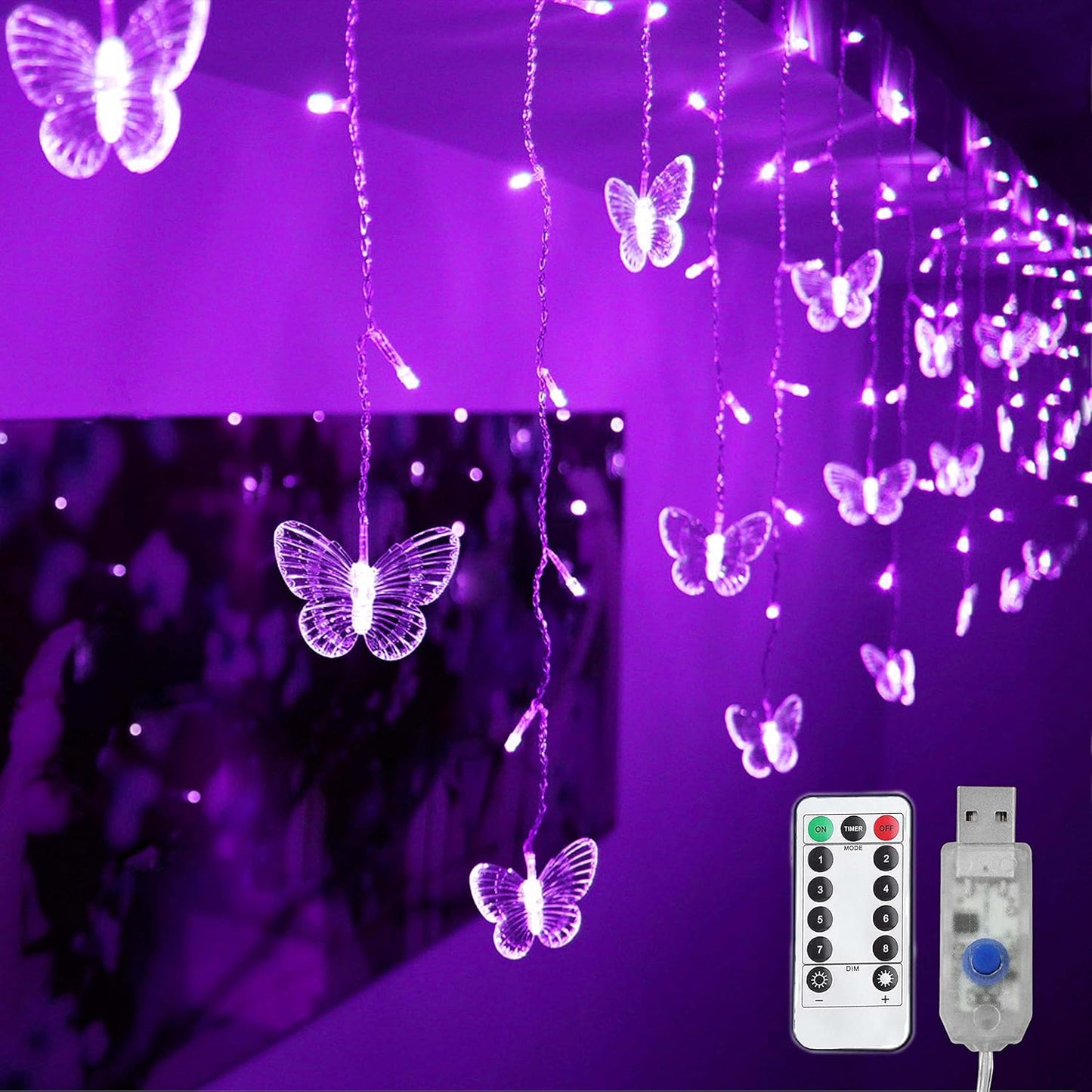 13ft 96 16 8 Decorman Butterfly Curtain Lights, LED USB Window Fairy Lights Butterflies Modes Firefly Twinkle Timer