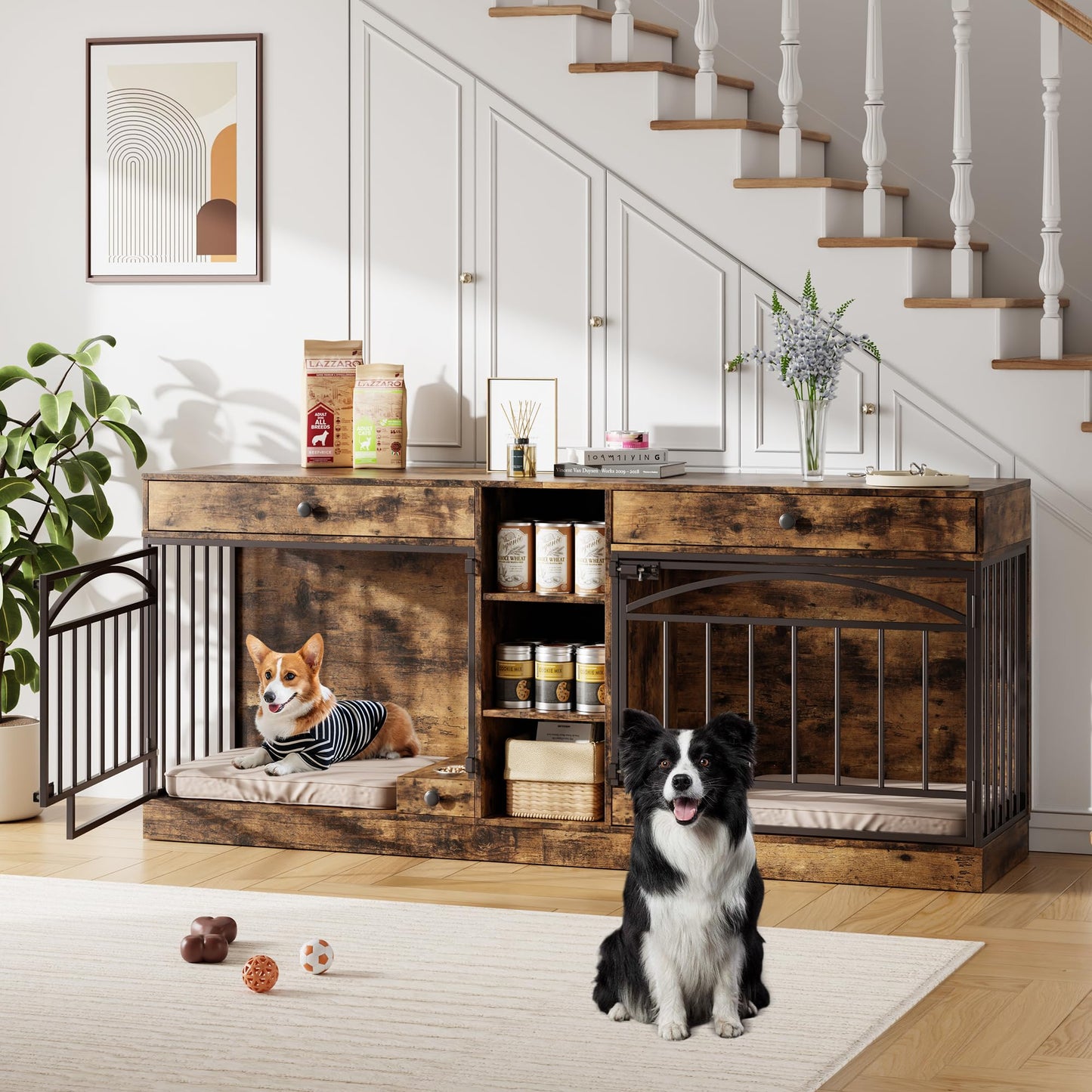 GarveeHome Dog Crate Furniture for 2 Dogs, Dog Kennel Indoor with Storage and Feeding Bowls, Double Dog Crate TV Stand for Small Medium Dogs, Brown