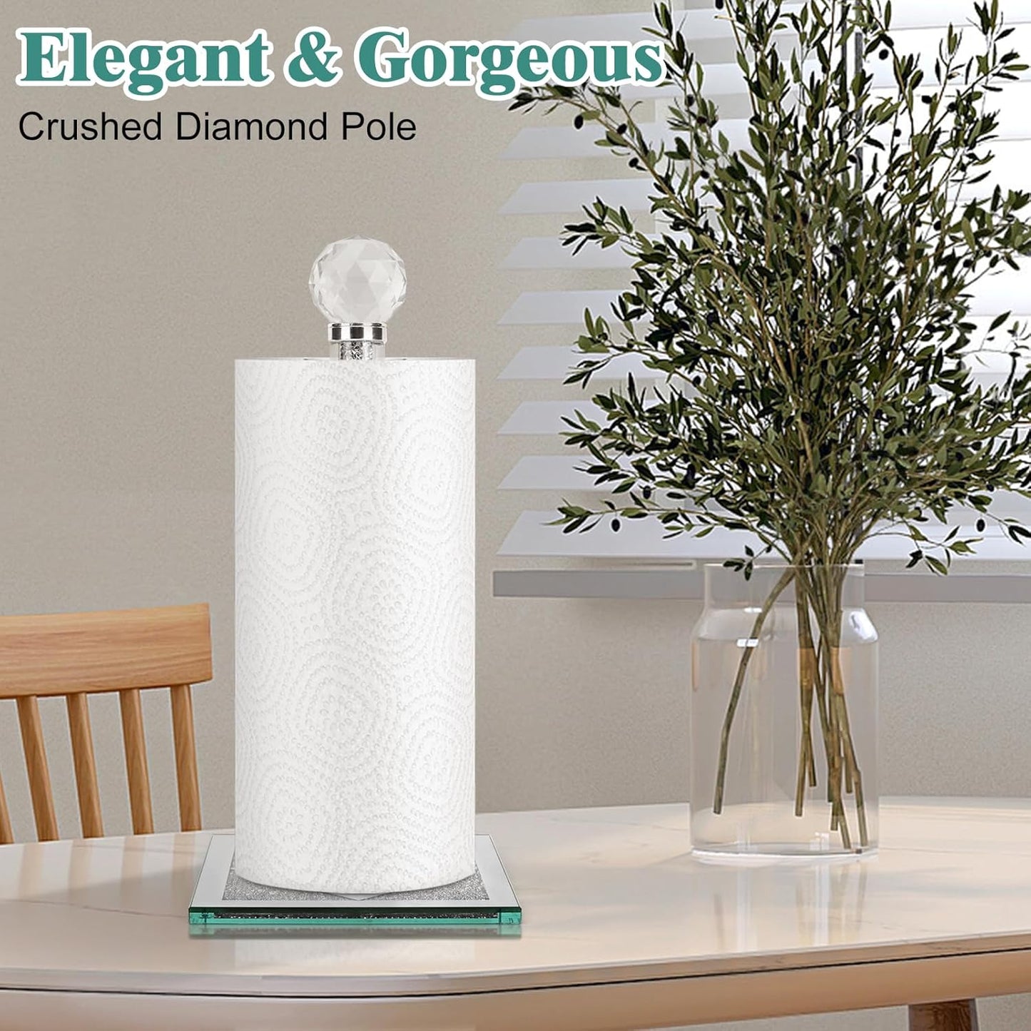 Ulable Counter Bling Silver Paper Towel Holder Stand with Square Base, Toilet Roll Filled with Crystal Paper Towel