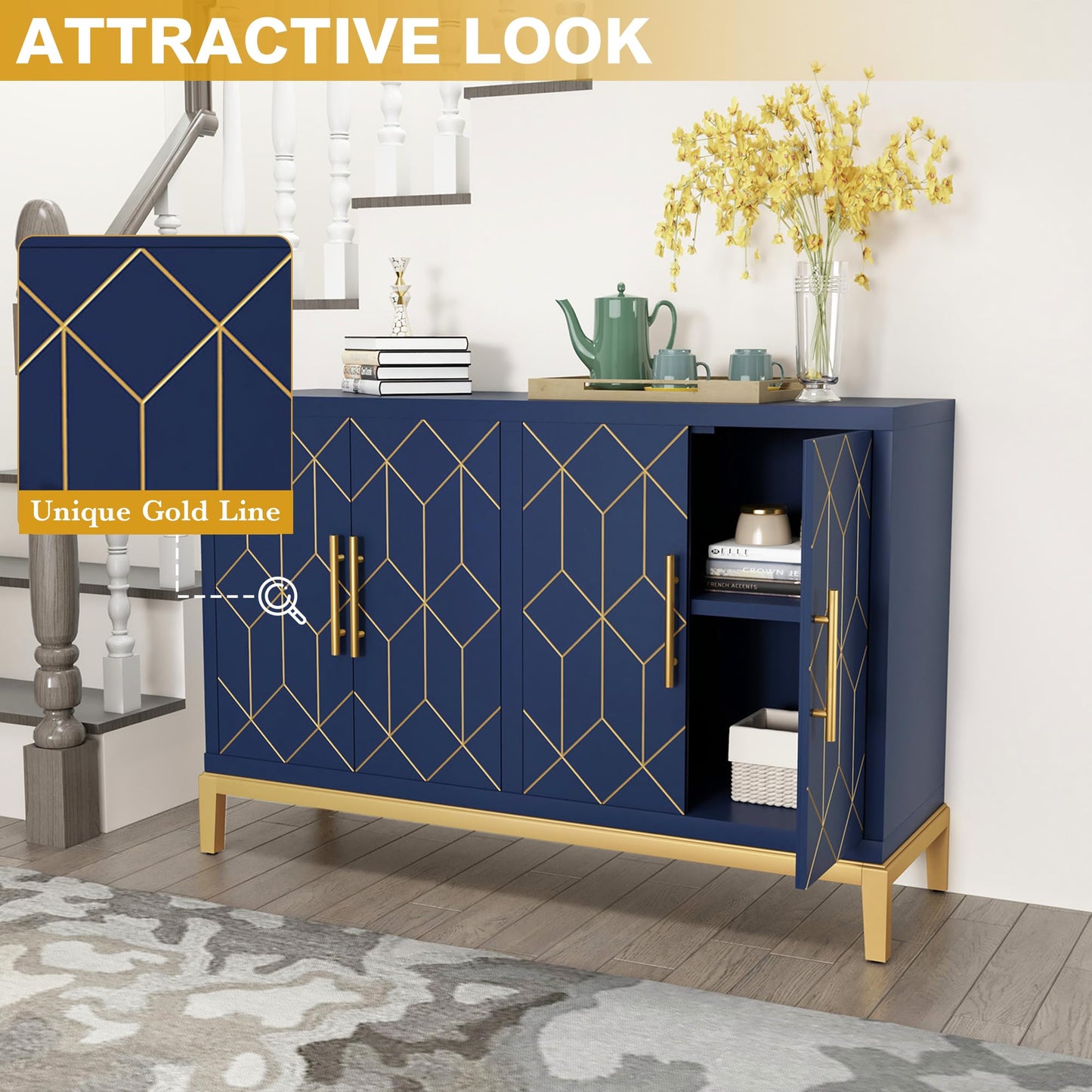 HLR 48" Accent Cabinet with 4 Doors and Shelves, Modern Credenza Storage Cabinet with Gold Trim, Sideboard Buffet for Living Room, Kitchen, Dining Room, Hallway, Blue