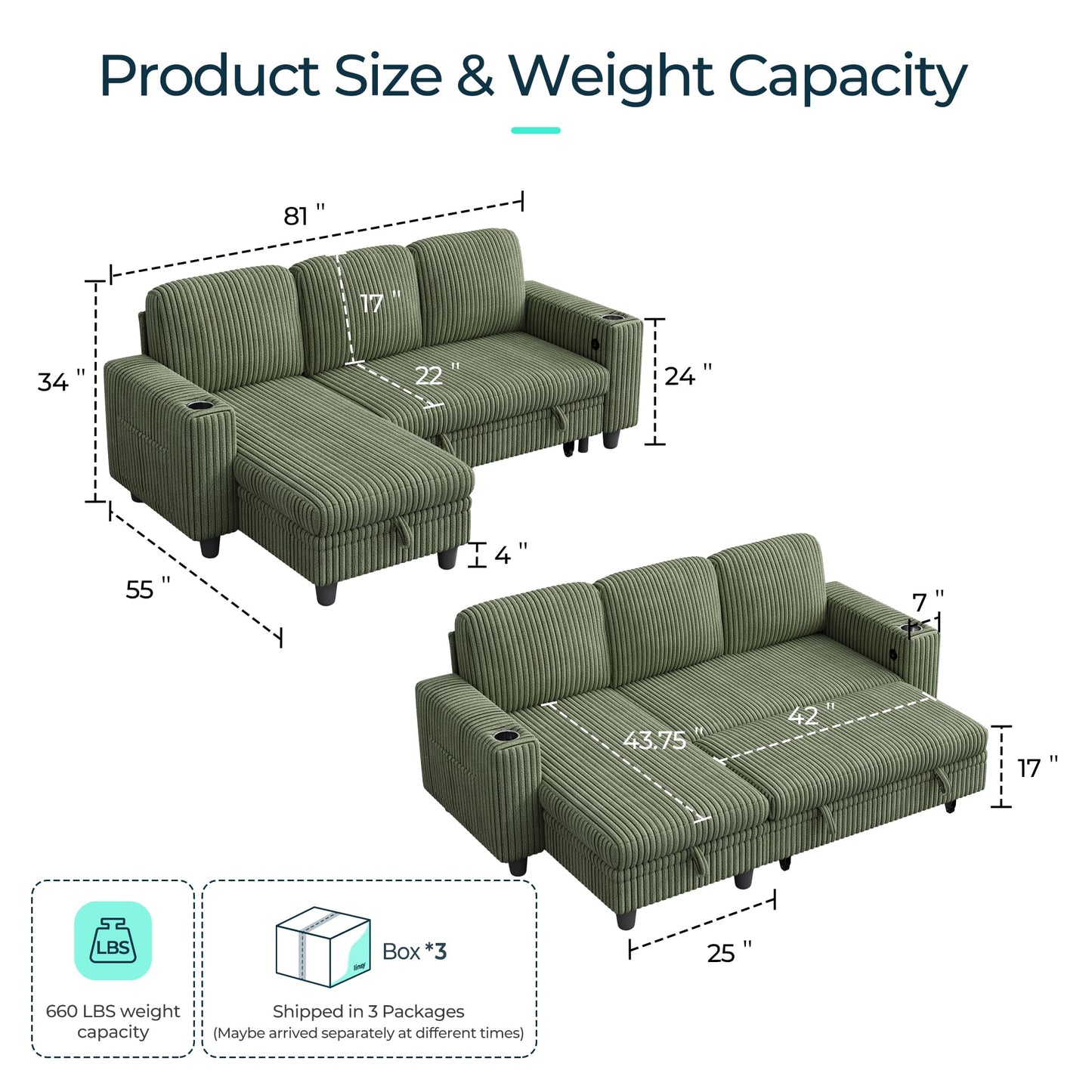 LINSY HOME Sectional Sleeper Sofa Pull Out Couches for Living Room (Green, Sleeper Sofa 1) | Pull Out Sofa Bed, Storage, USB Charging, Cup Holders, Plush Corduroy