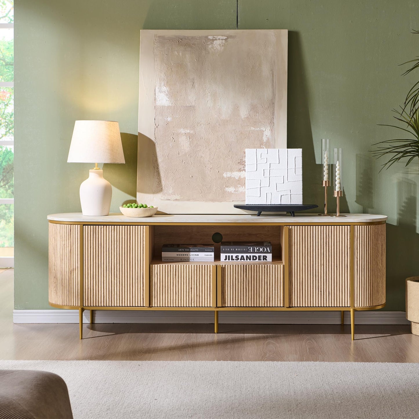 OKD 70" Fluted TV Stand with Storage, Faux Marble Top Entertainment Center for TVs Up to 80", Modern Curved Edge Media Console Cabinet for Living Room, Natural Oak