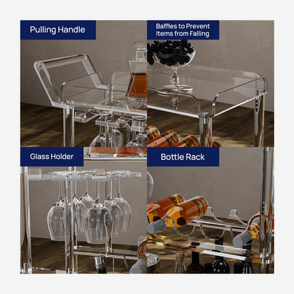 HMYHUM Acrylic Bar Cart with 4 Lockable Wheels, Clear Serving Cart with Wine Rack and Glass Holder, Rolling Beverage Cart for Home, Kitchen, Dinning Room, 33.7" L x 13" W x 34.8" H