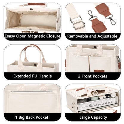 ZHMO Canvas Tote Bag with Compartments, Top Handle and Pockets for Women, Purse Crossbody Laptop Satchels Shoulder Handbags for Work, Book, Travel, Nurse, Church, Gym, Beach, Office, Beige, Large