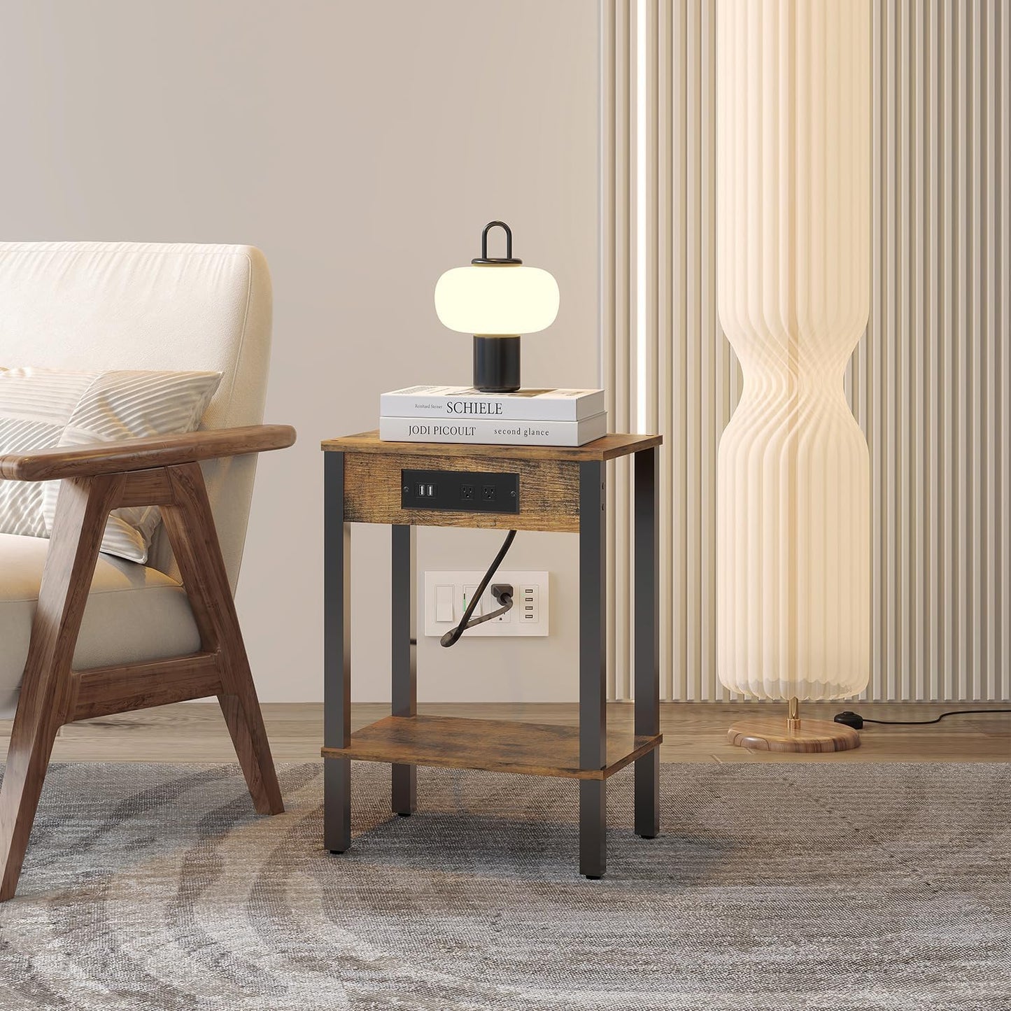 MMEOLUOOK 2-Tier MLBZ14RE End Table with Charging Station, Nightstand with Storage Shelf,Modern Side Table,Bedside