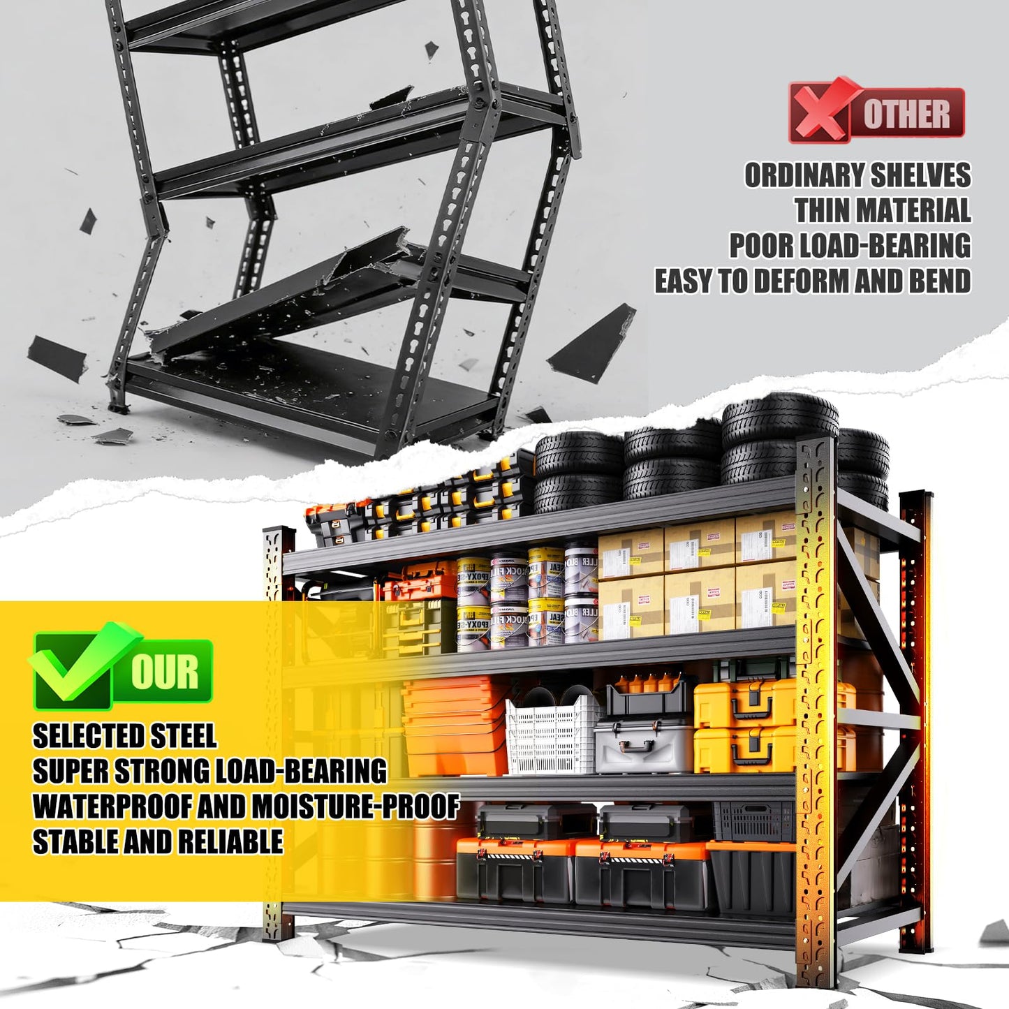 8000LBS Heavy Duty Storage Shelves, 4 Tier Adjustable Garage Shelving Unit, Heavy Duty Metal Shelving for Garage, Basement, Warehouse, Storage Room, Garage Storage Shelves, 79" W x 24" D x 74" H Black