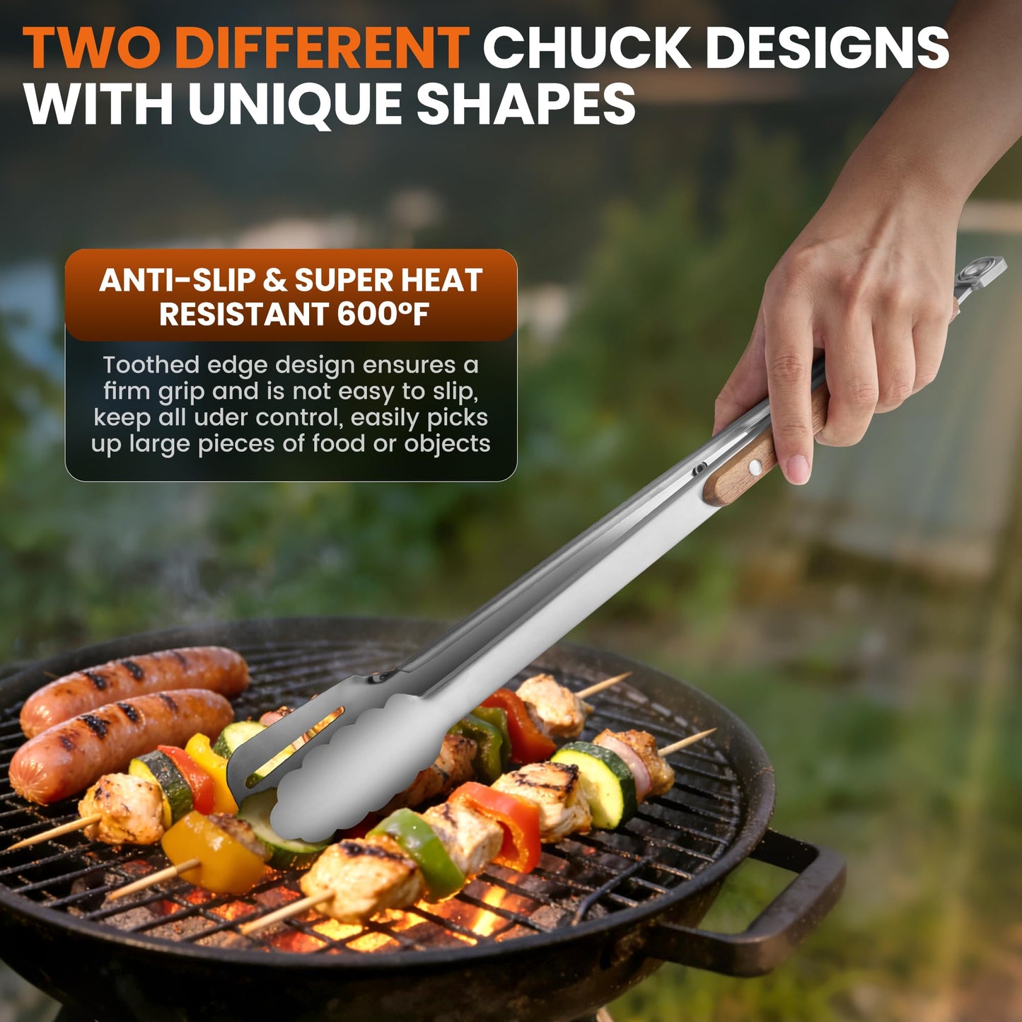 16-Inch Grill Tongs - Extra Long BBQ Tongs with Wood Handles - Heavy Duty Heat Resistant Barbecue Tong Stainless Steel Metal Tong for Cooking, Grill, Grilling, Charcoal, BBQ, Barbecue, Serving