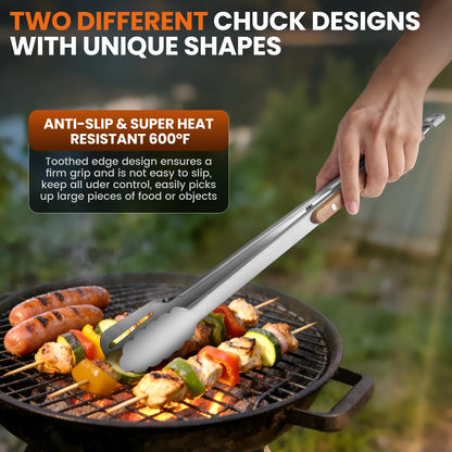 16-Inch Grill Tongs - Extra Long BBQ Tongs with Wood Handles - Heavy Duty Heat Resistant Barbecue Tong Stainless Steel Metal Tong for Cooking, Grill, Grilling, Charcoal, BBQ, Barbecue, Serving