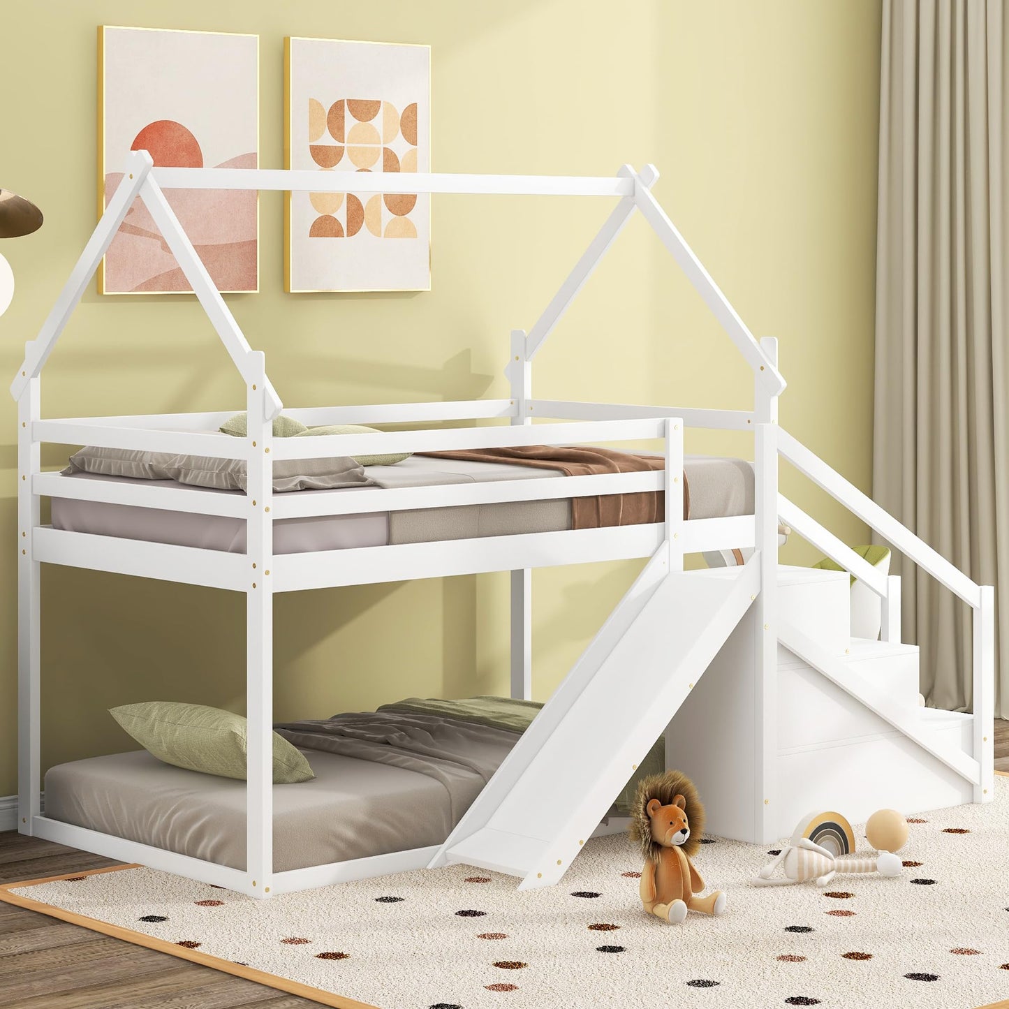 Merax Twin Over Twin Bunk Bed with Full-Length Guardrails for Teens, Boys, Girls, Wooden House Bed Frame & Slide and Storage Stairs for Children's Room, Bedroom, No Box Spring Needed, White
