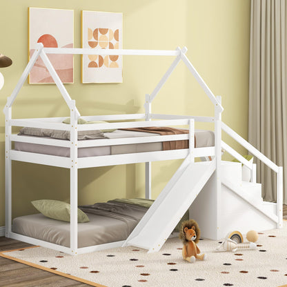 Merax Twin Over Twin Bunk Bed with Full-Length Guardrails for Teens, Boys, Girls, Wooden House Bed Frame & Slide and Storage Stairs for Children's Room, Bedroom, No Box Spring Needed, White
