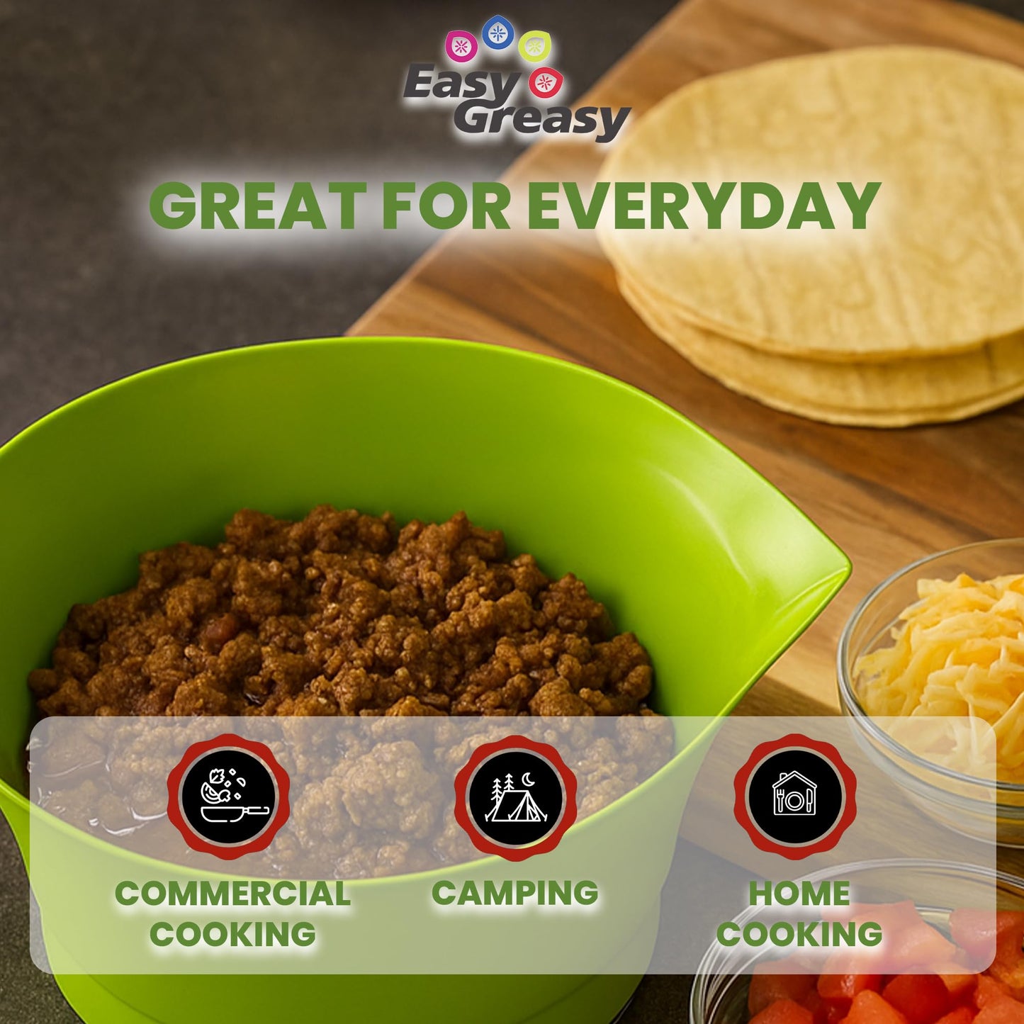 Easy Greasy 3-Piece Colander Grease Strainer Set – Green Grease Separator with Handle, Container & Lid – Strains Bacon, Pasta, Ground Beef – BPA-Free Kitchen Gadget