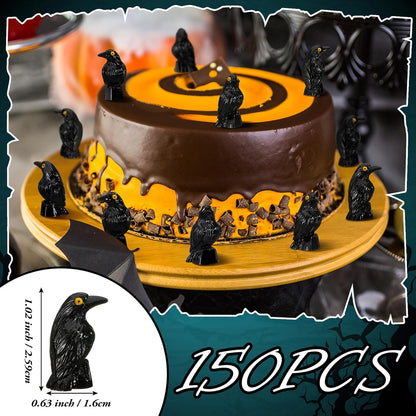 Skiennix Miniature Crows Decor - 150 Pcs Black Resin Raven Figurines for Spooky Holiday Scenes
