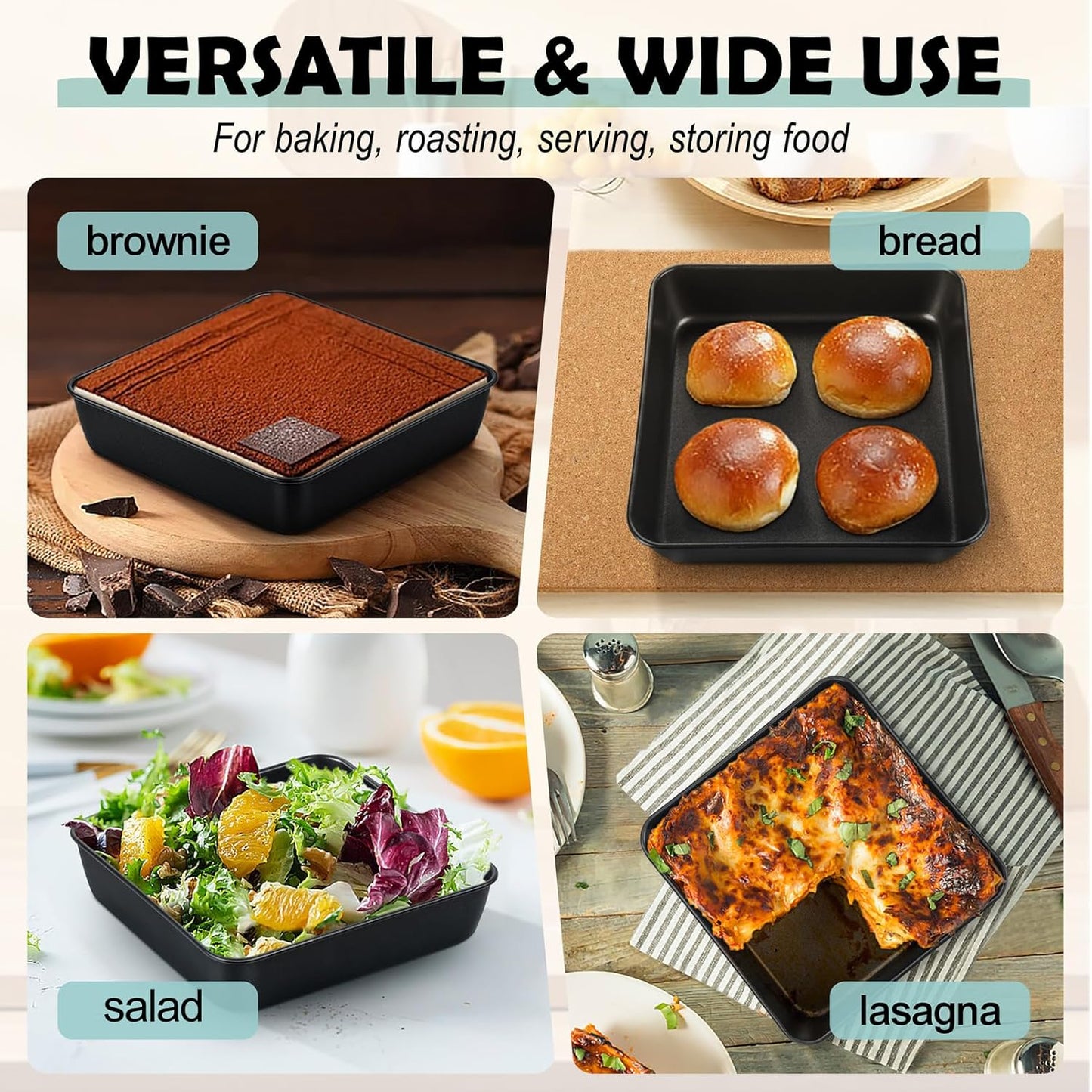 TeamFar Square Cake Pan, 6 Inch Small Baking Roasting Pans with Stainless Steel Core & Nonstick Coating, Set of 2