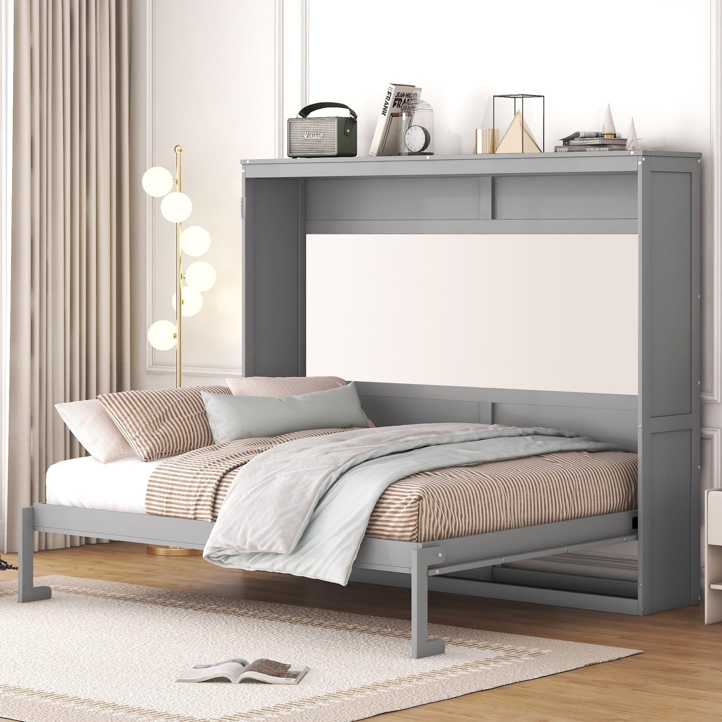 Merax Modern Farmhouse Solid Wood Murphy Cabinet Bed, Queen Foldable Wall Bed Frame, No Box Spring Needed/Space Saving, Gray
