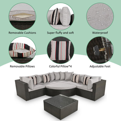 Merax 7 Pieces Outdoor Patio Furniture, 6 Seat Wicker Sectional Lounger Sofa Chair Set with Table, All Weather Rattan Conversation Sleeper Couch Bed Sets for Garden Poolside, Cushions & Pillows, Beige
