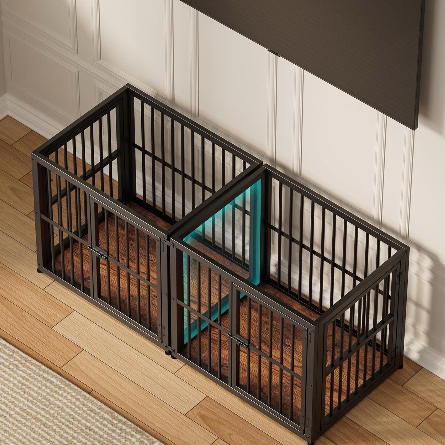 Lyromix 54'' Dog Crate Furniture with Double Rooms,Wooden Crate End Table Heavy Duty Indoor Puppy Cage for 2 Small Dogs, Multiple Units Can be Combined, Rustic Brown