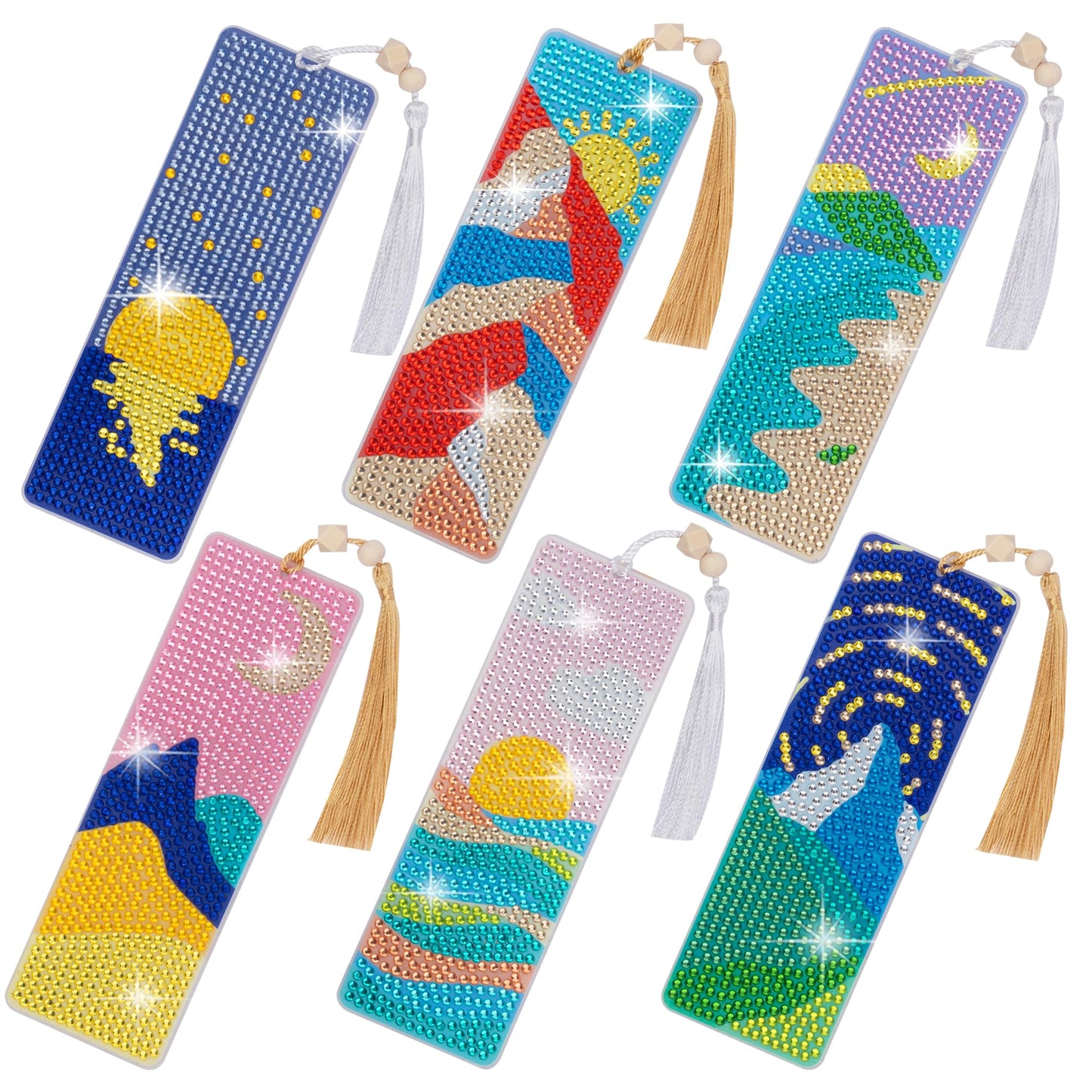 SWATOM 6 Pcs 5D Diamond Painting Bookmarks Sun & Moon Nature Acrylic Diamond Art Bookmark with DIY Painting Kits Tassels & Wood Beads Pendant Rhinestone Bookmarks