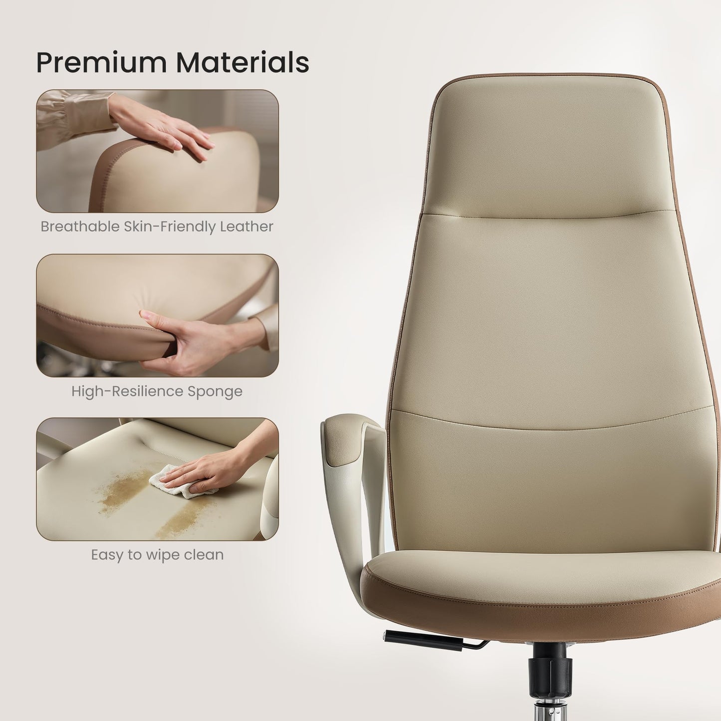 EUREKA ERGONOMIC Clara Executive Office Chair, Modern Leather Desk Chair with Back Support, Big and Tall Home Office Chair with 3-Position Recline Lock, Beige Brown
