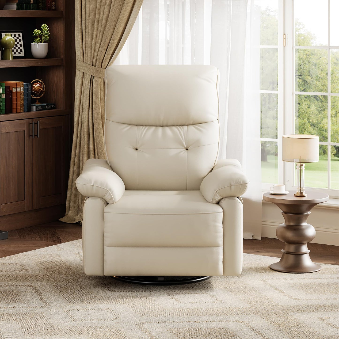 Garvee Power Recliner Chair with 270° Swivel and Rocking, Electric Glider Nursery Chair with USB Charging Port, PU Leather Upholstery and Button Tufted Backrest for Living Room, Cream