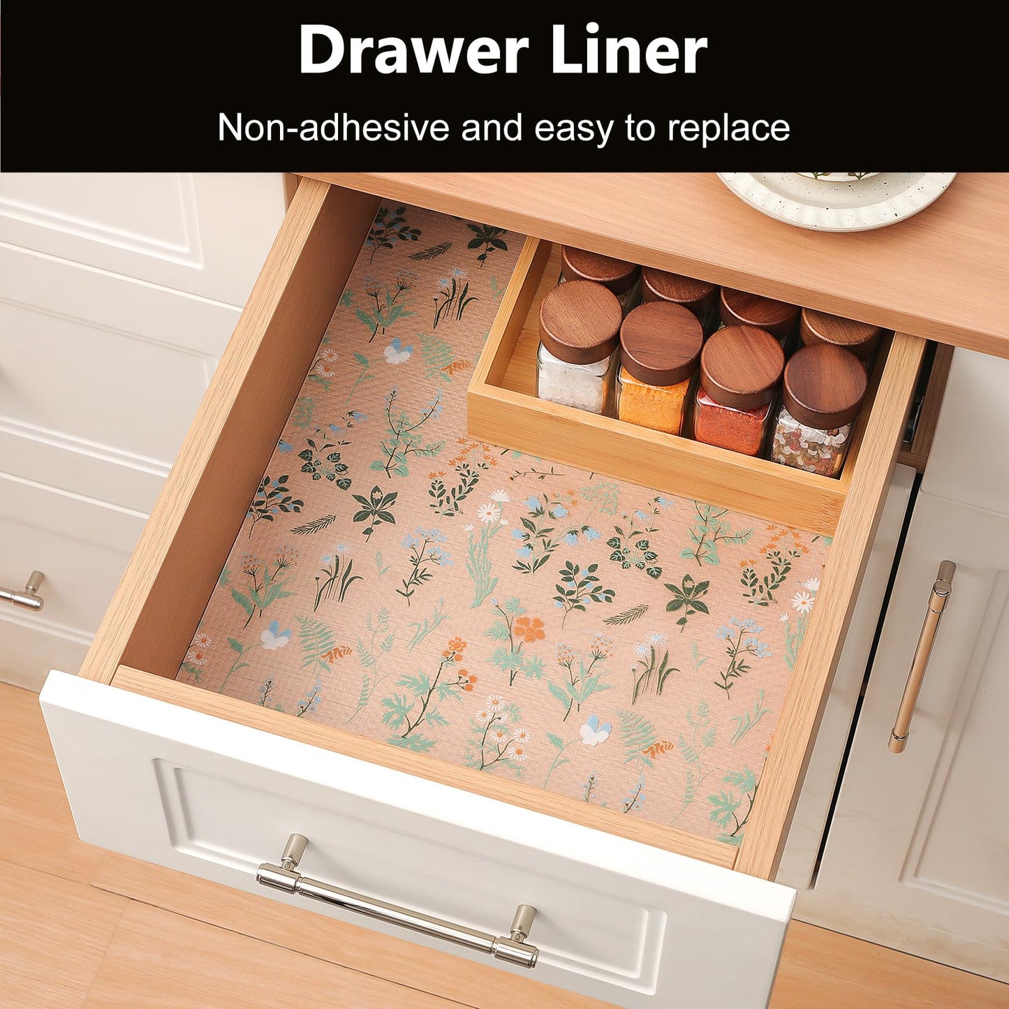 INNOLITES Shelf Liners for Kitchen Cabinets – Drawer Liner Waterproof & Oil-Proof, Non-Adhesive EVA with Floral Pattern – Durable Washable, Easy to Cut (Sage Green, 17.5" x 78.7")