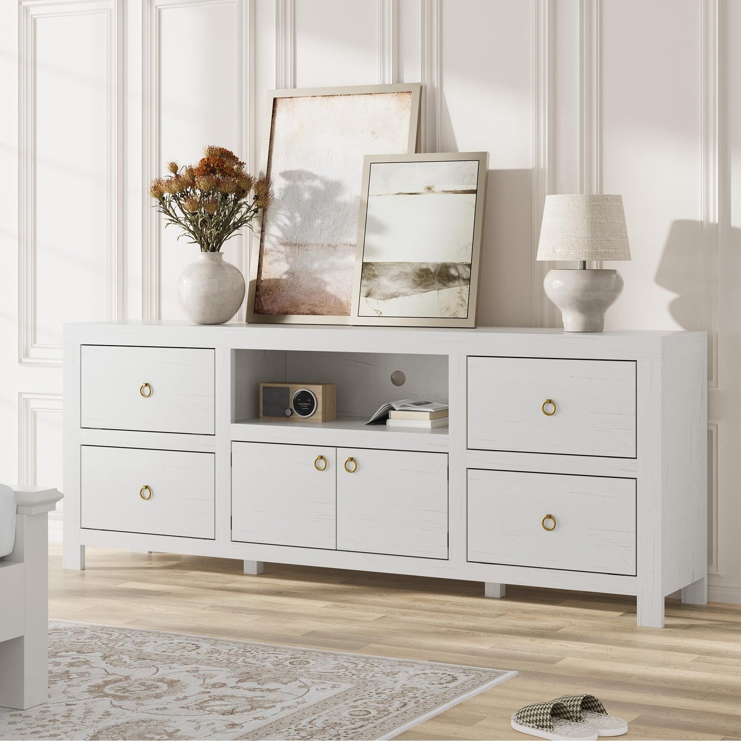 Farmhouse TV Stand for 75/80 Inch TVs, 70" Long Entertainment Center with 6 Storage Drawers & Soundbar Shelf, White Television Consoles Stands for Living Room, Bedroom