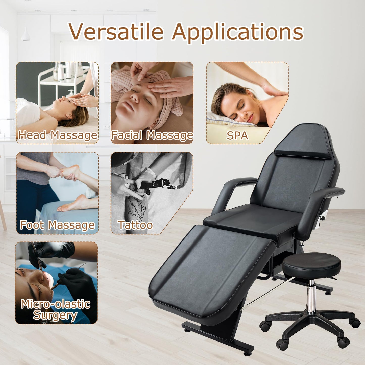 Massage Salon Tattoo Chair with Two Trays Esthetician Bed with Hydraulic Stool,Multi Purpose 3 Section Facial Bed Table, Adjustable Beauty Barber Spa Beauty Equipment, Black