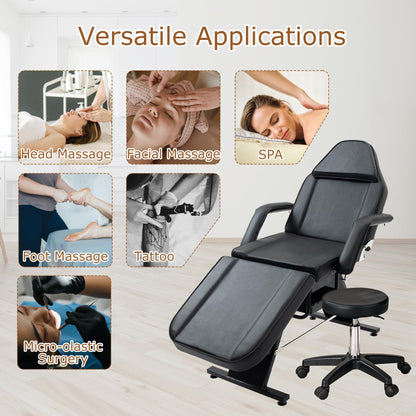 KEIKI Massage Salon Tattoo Chair Esthetician Bed with 2 Tray, Hydraulic Stool, Wide Leg Multi-Purpose 3-Section Facial Bed Table with Adjustable Spa Beauty Equipment, Easy Assembly, Black