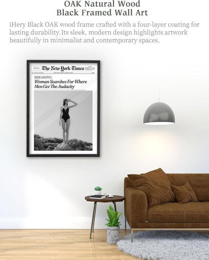 iHery Premium Natural Black Oak Wood Framed Wall Art - Retro Woman Canvas Decor 12x16in | Perfect for Dorms & Living Rooms