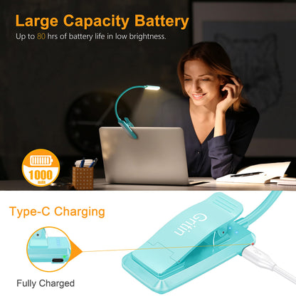 Gritin 9 LED Rechargeable Book Light for Reading in Bed - Eye Caring 3 Color Temperatures,Stepless Dimming Brightness,80 Hrs Runtime Small Lightweight Clip On Book Reading Light for Studying