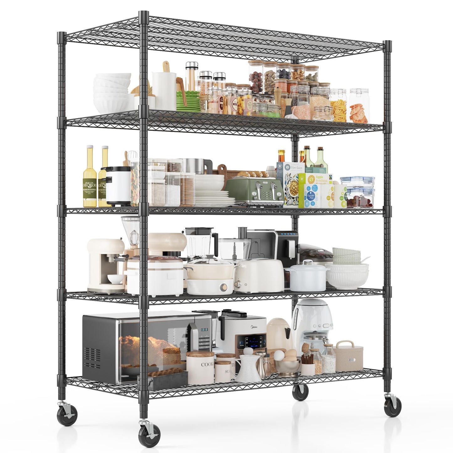 Homdox Heavy Duty Storage Shelves, 5 Tier Wire Shelving Unit with Wheels, Commercial Adjustable Metal Shelves for Storage, Garage Rack Pantry Shelves Kitchen Shelving, 24"x60"x82", Black