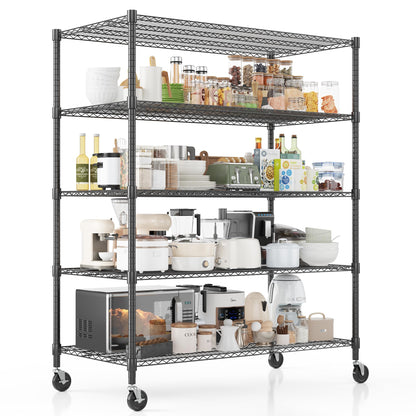 Homdox Heavy Duty Storage Shelves, 5 Tier Wire Shelving Unit with Wheels, Commercial Adjustable Metal Shelves for Storage, Garage Rack Pantry Shelves Kitchen Shelving, 24"x60"x82", Black
