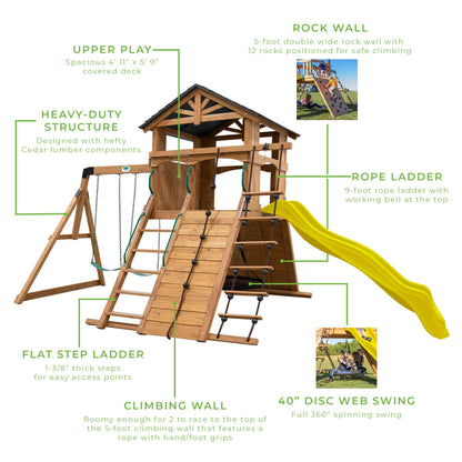Backyard Discovery Endeavor Cedar Wood Swing Set with Wave Slide, Play Deck, Double Rock Wall, Rope Ladder, Climbing Wall, Belt Swings, 40-Inch Web Swing, Step Ladder, Toy Telescope, Outdoor Playset