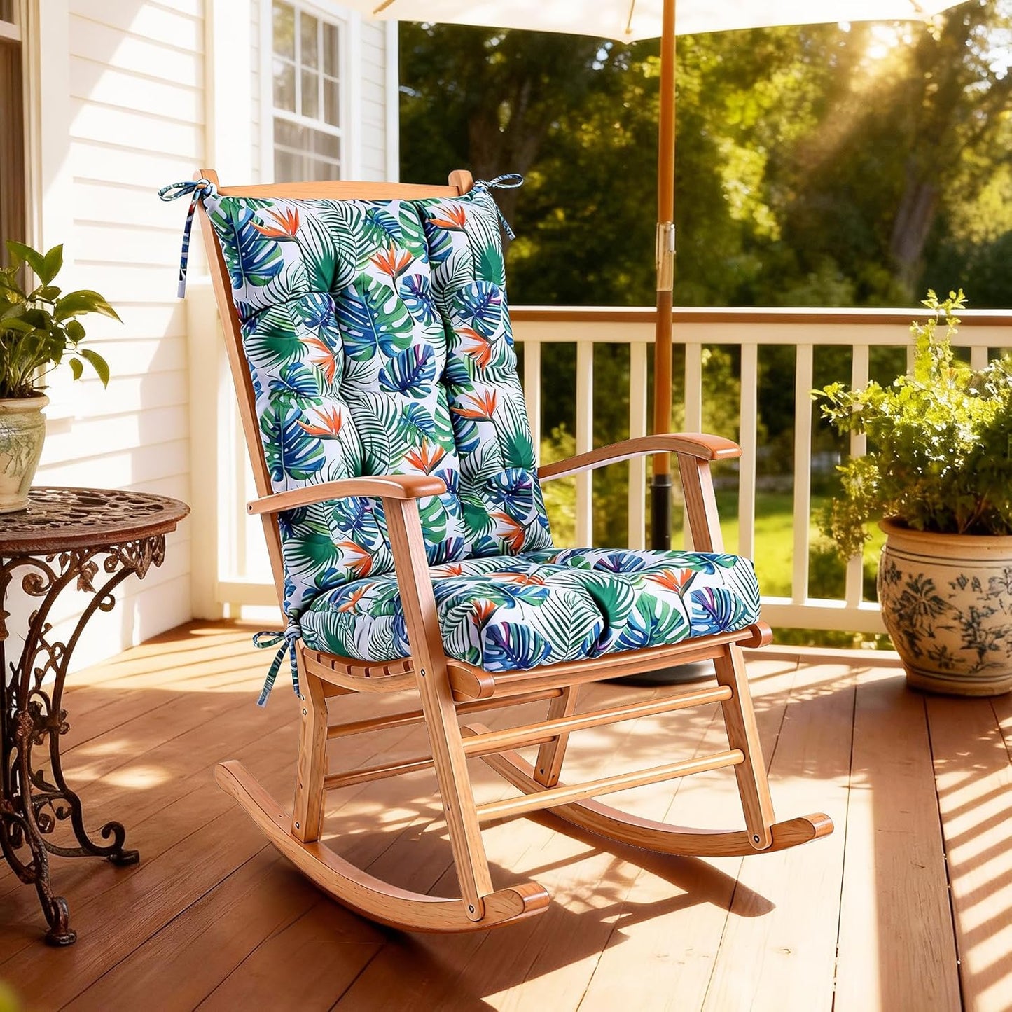 QemoraHome Set Tropical Rainforest Style Rocking Chair Cushion Waterproof Tufted with Ties Non-Slip High Back Chair