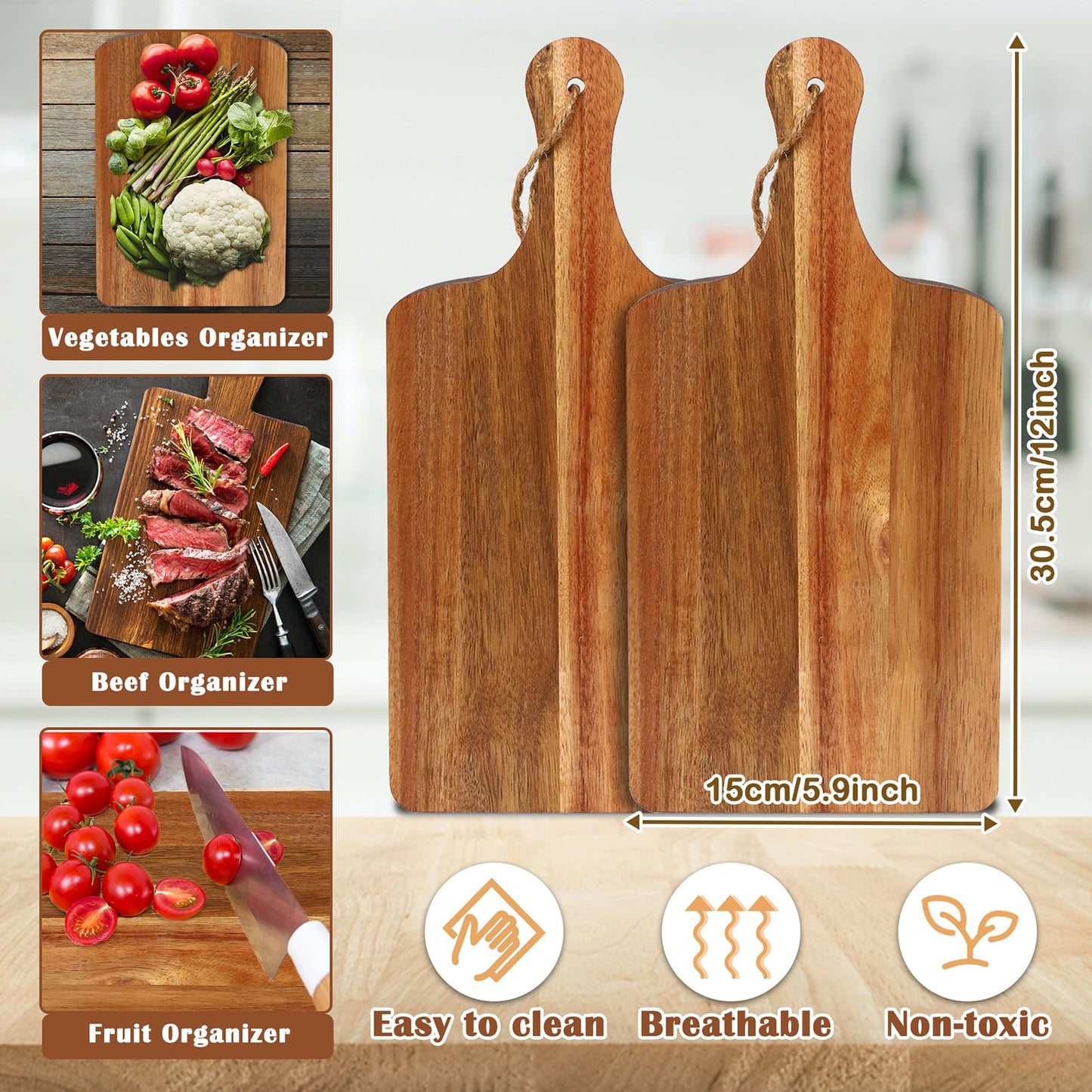 12 Packs Acacia Wood Cutting Board,12 x 6 Inch Plain Chopping Board with Handles Serving Board Wooden Kitchen Cutting Board Bulk with Rope and Plaid Ribbon for Vegetables Meat Pizza Cheese Fruit Bread