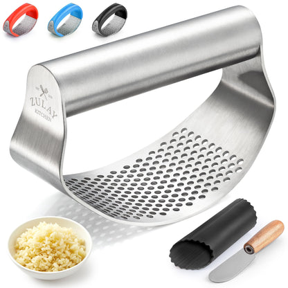 Zulay Kitchen Stainless Steel Garlic Press Rocker Set - Time Saving, Durable Strong Garlic Mincer Tool - Easy to Use & Clean Garlic Crusher Set with Peeler and Scraper Kitchen Gadget Smasher