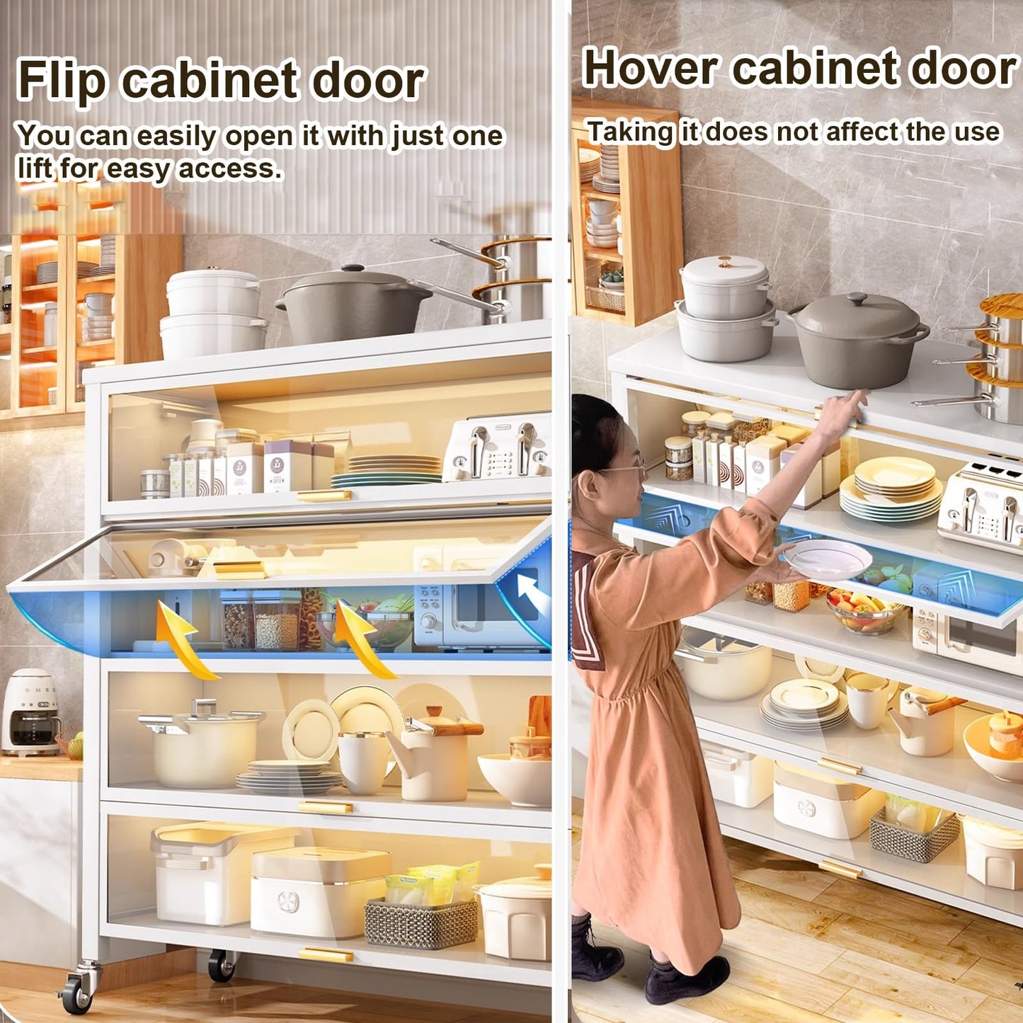 LMMIAMZ Foldable Microwave Stand with Flip Door Rolling Kitchen Storage Shelf & Bakery Cart on Wheels Space-Saving Oven Rack for Easy nization & Storage Solutions