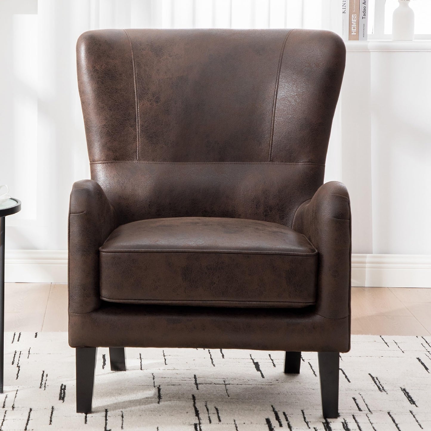 KEIKI PU High Back Accent Chair Oversized, Retro Wingback Reading Armchair with Solid Wood Legs, Mid-Century Comfy Arm Chair Lounge, Upholstered Single Sofa for Living Room, Easy Assembly, Brown