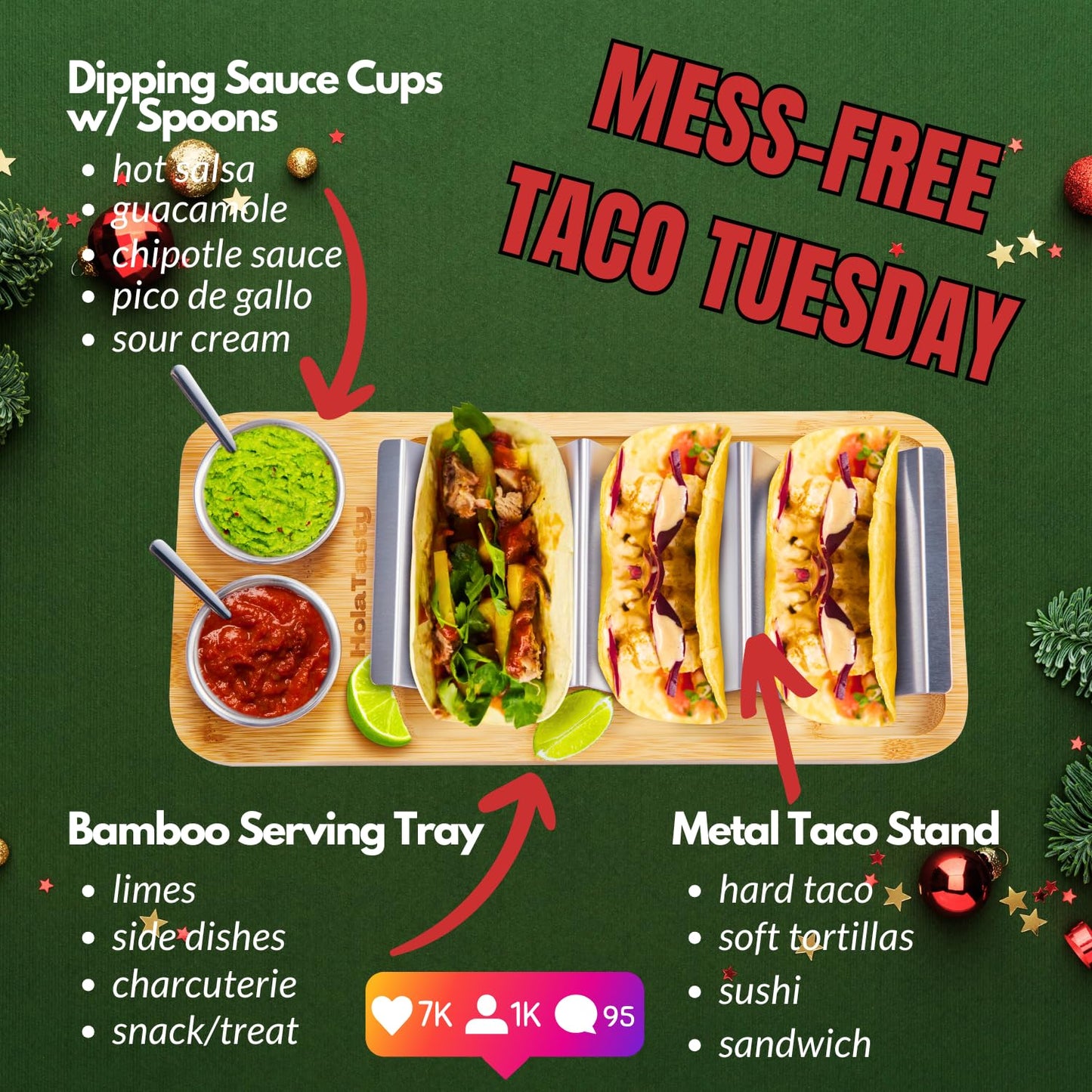 HolaTasty Taco Holder Kit - 2 Pack (Value Pack), 3-in-1 Taco Set of 2-6 slots for Tacos, Fancy Taco Presentation Rack Plate for Taco Tuesday Bar Party, Gifts for Taco Lover Cinco De Mayo Events - Gold