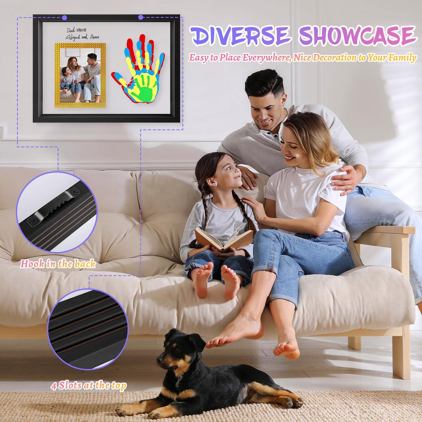 Family Handprint Keepsake Frame Kit with Photo Display – DIY 3D Floating Layered Design for Mom, Dad and Baby – Safe Non-Toxic Paint Set for Footprints – Perfect Baby Shower Gifts, New Parents Couples Keepsake, Home Decor 13.1x9.6 Inch (Black)