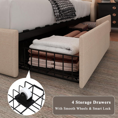 Feonase Upholstered Full Size Bed Frame with 4 Storage Drawers, Charging Station and Tufted Wingback Storage Headboard, No Box Spring Needed, Easy Assembly, Beige