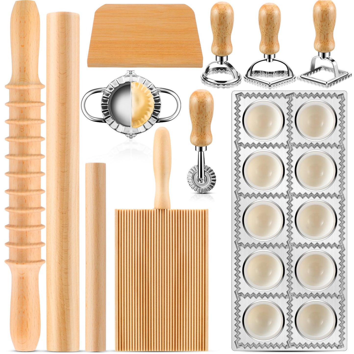 12 Piece Ravioli Mold Set with Press, Scraper, Cutter, Pierogi Maker, Rolling Pin, Gnocchi Board, Wooden Roller, and 4 Ravioli Stamp Maker Cutters for Making Pasta, Dumplings, and Pierogi