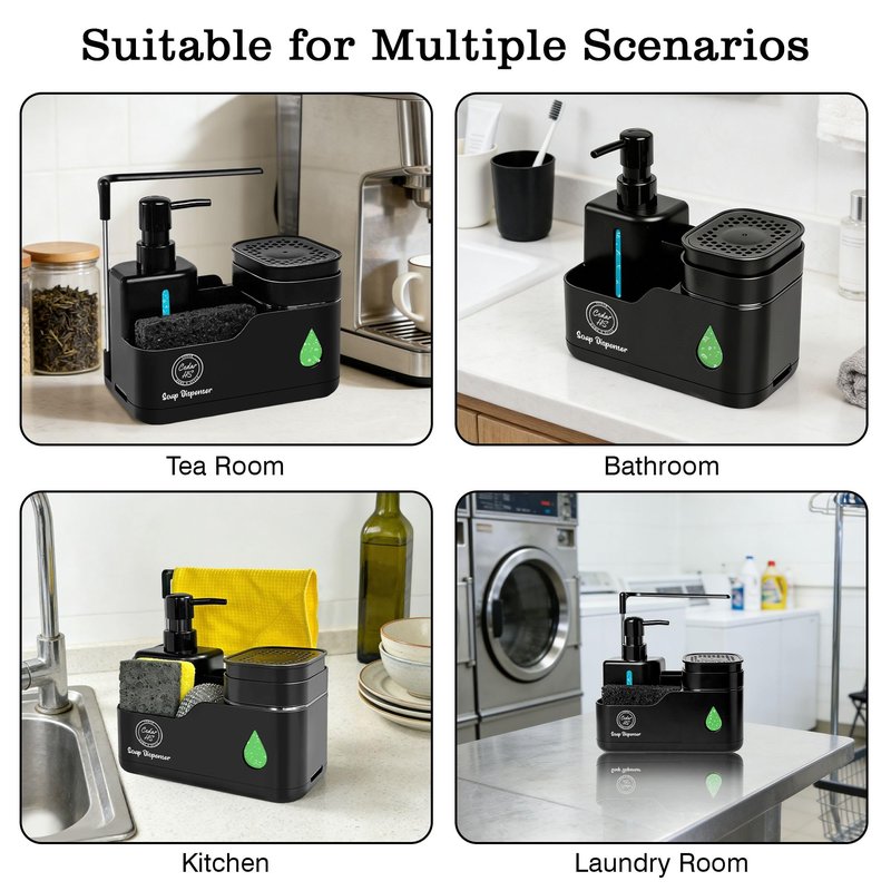 Kitchen Soap Dispenser Set (Black) – 4 in 1 Dual Pump Bottles with Sponge Caddy, Brush Holder, Towel Bar & Drain Rack – Space-Saving Countertop Organizer for Sink & Bathroom