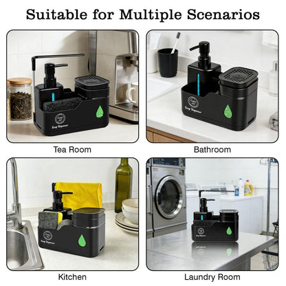 Kitchen Soap Dispenser Set (Black) – 4 in 1 Dual Pump Bottles with Sponge Caddy, Brush Holder, Towel Bar & Drain Rack – Space-Saving Countertop Organizer for Sink & Bathroom