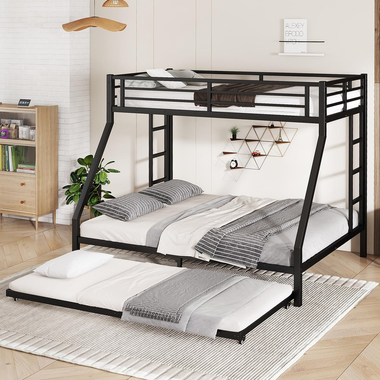 FammyLoft Twin XL Over Queen Bunk Bed with Twin Size Trundle, Heavy Duty Bunk Beds for Adults, Metal Bunk Bed Frame with Safety Guardrails & 2 Side Ladder, Space Saving Frame, Black