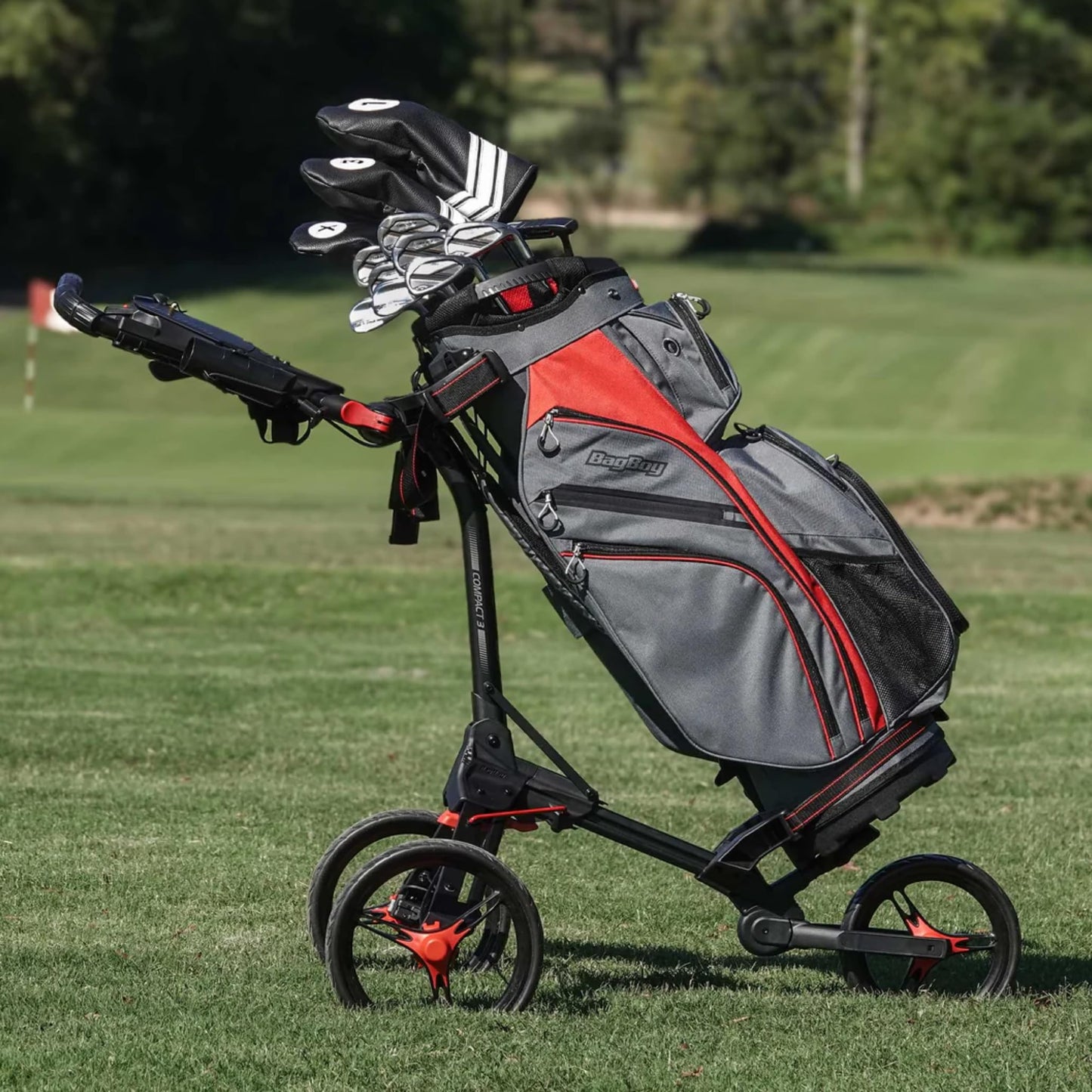 Bag Boy Compact 3, Three Wheel Golf Push Cart, Easy Three-Step Open & Close, Scorecard Console, Beverage Holder, Mobile Device Holder, Handle Mounted Parking Brake