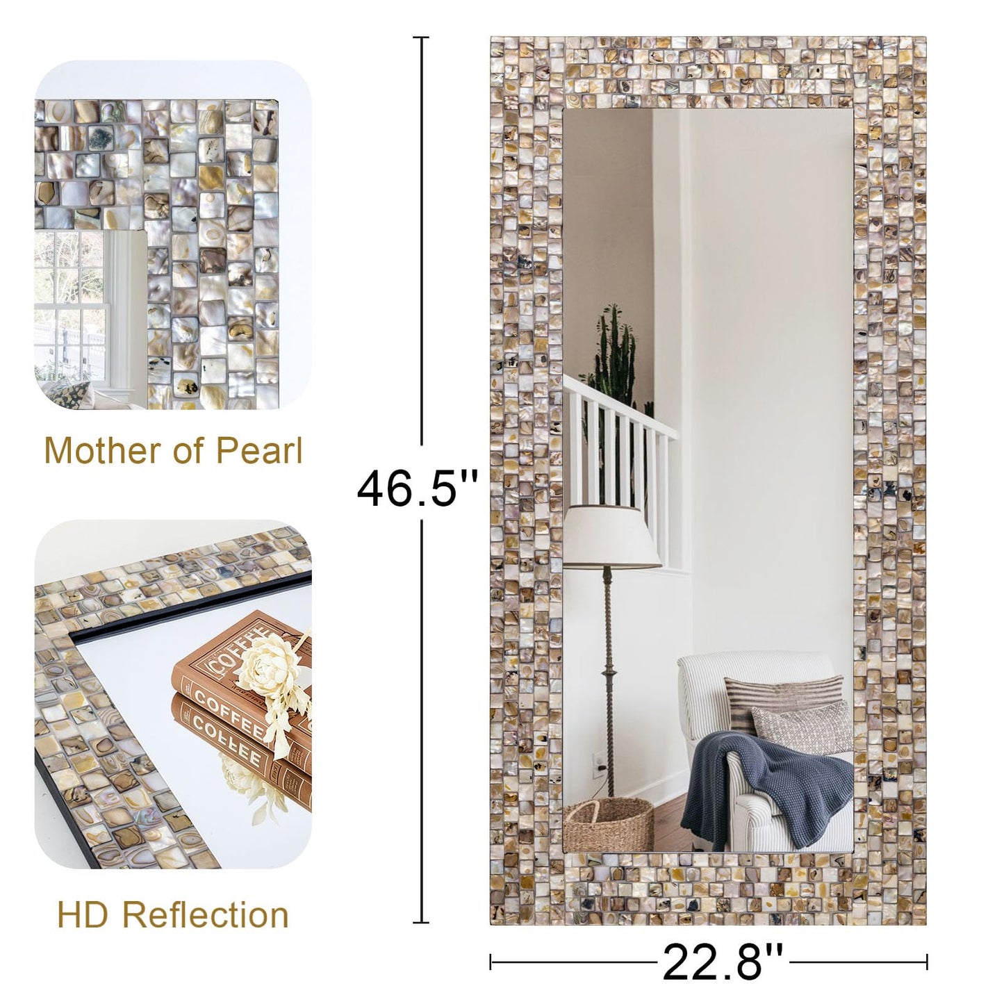 Chende Mosaic Mirror Coastal Style, 46.5'' x 22.8'' Large Narrow Wall Mirror with Mother of Pearl Frame, Modern Decorative Mirrors for Home Decor Bathroom, Entryway, Living Room