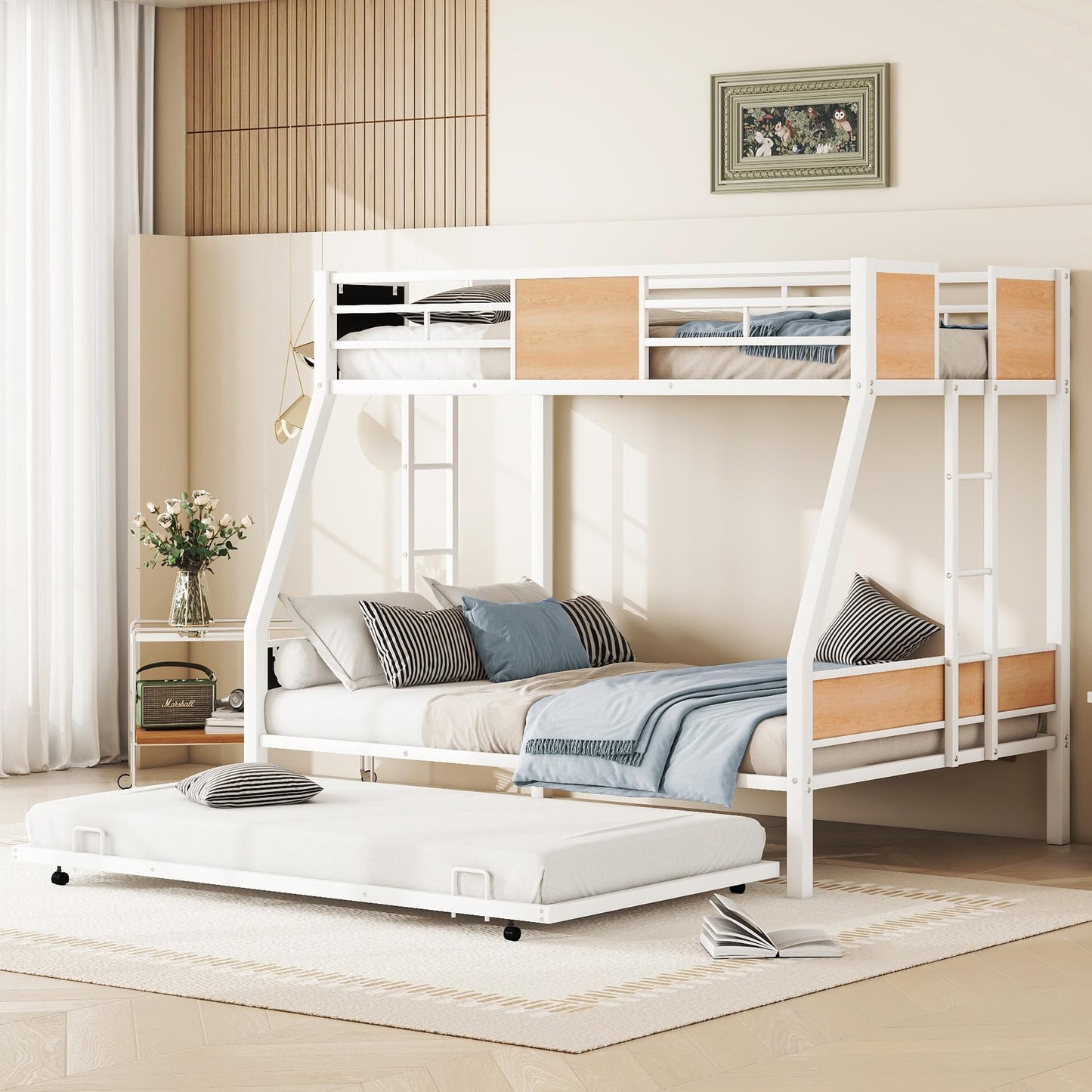 Metal Twin Over Full Bunk Bed with Trundle,Heavy Duty Bunk Beds Twin Over Full, Space-Saving Bunk Bed for Kids/Teens/Adults,White